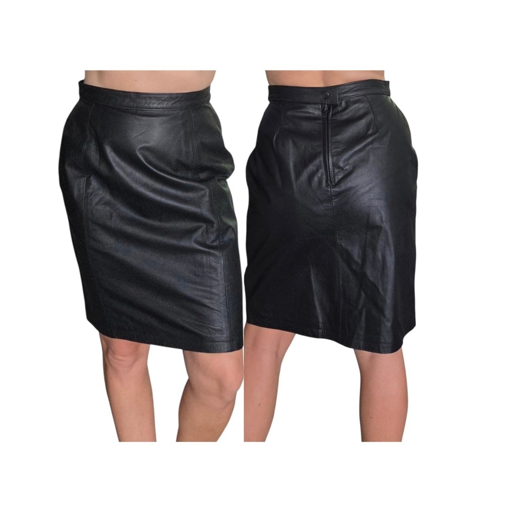 Vintage OPUS Black Genuine Leather Pencil Skirt M Argentina Y2K Goth 90s Moto